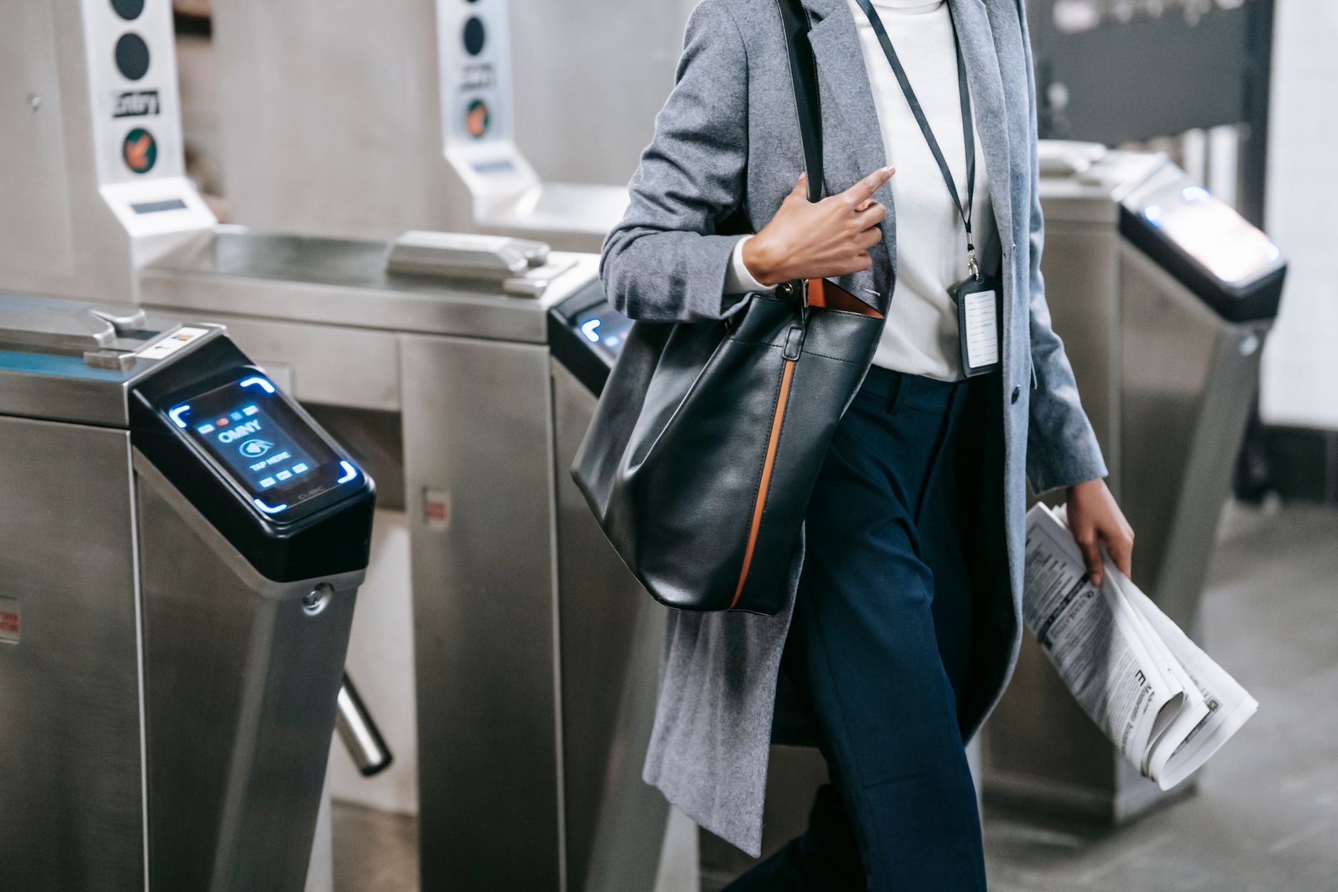 A woman commuting in a chic office outfit