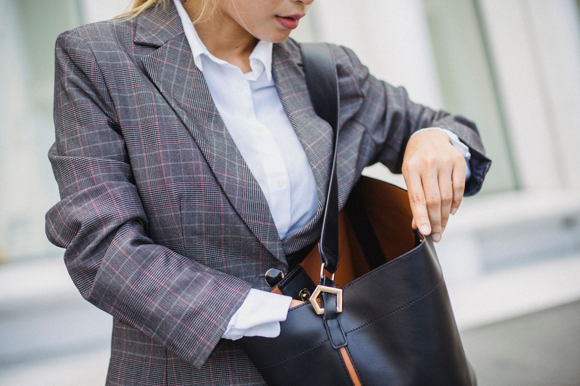 An office chic outfit with handbag