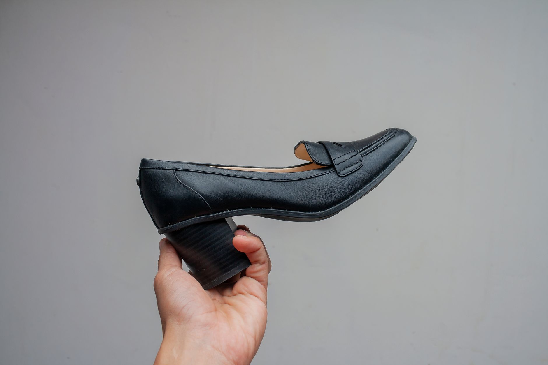 Close up of the sole and stitching of loafers